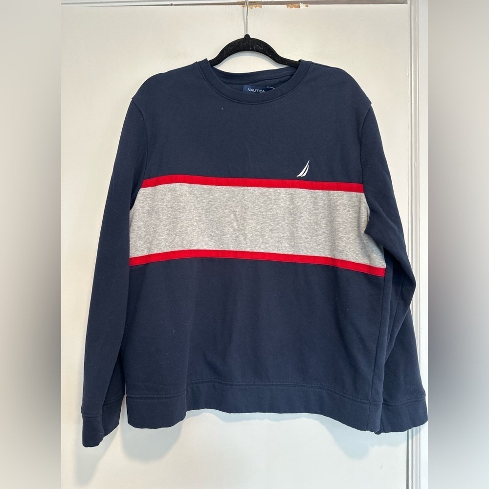 Nautica Men's Crewneck Sweater in Navy with Gray and Red Accents